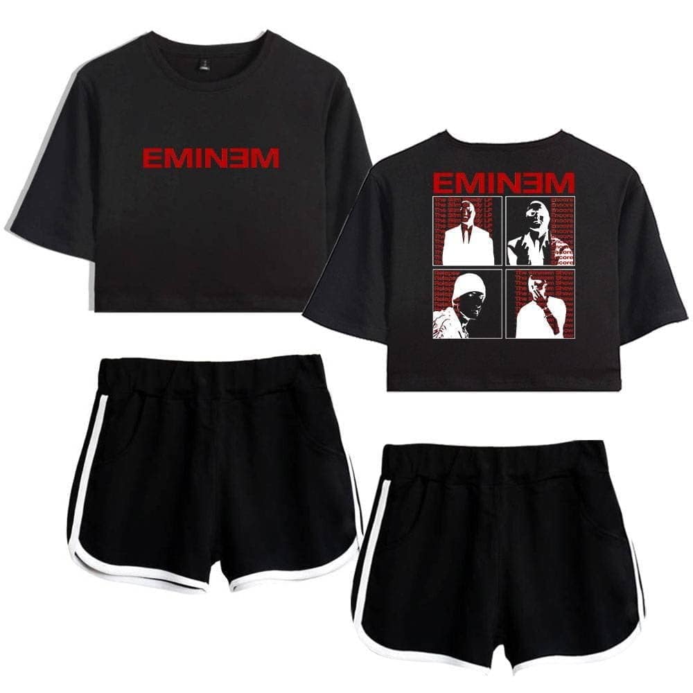 EMINEM swag merch black t-shirt with red logo and layered black shorts with white trim, featuring a casual sporty style.