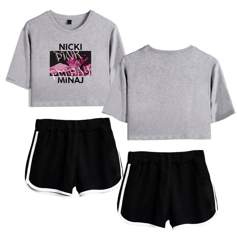 Nicki Minaj swag merch crop top with graphic print and athletic black shorts with white piping. Trendy streetwear inspired by Justin Bieber's signature style, perfect for fans and casual wear.