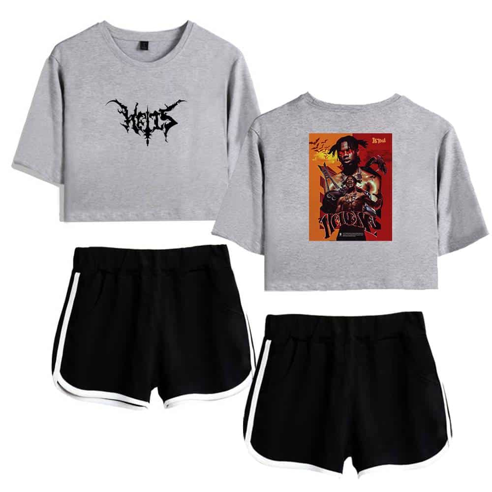 Justin Bieber swag merch cropped gray T-shirts with bold graphic designs, paired with black athletic shorts featuring white trim, embodying a trendy and youthful streetwear style.