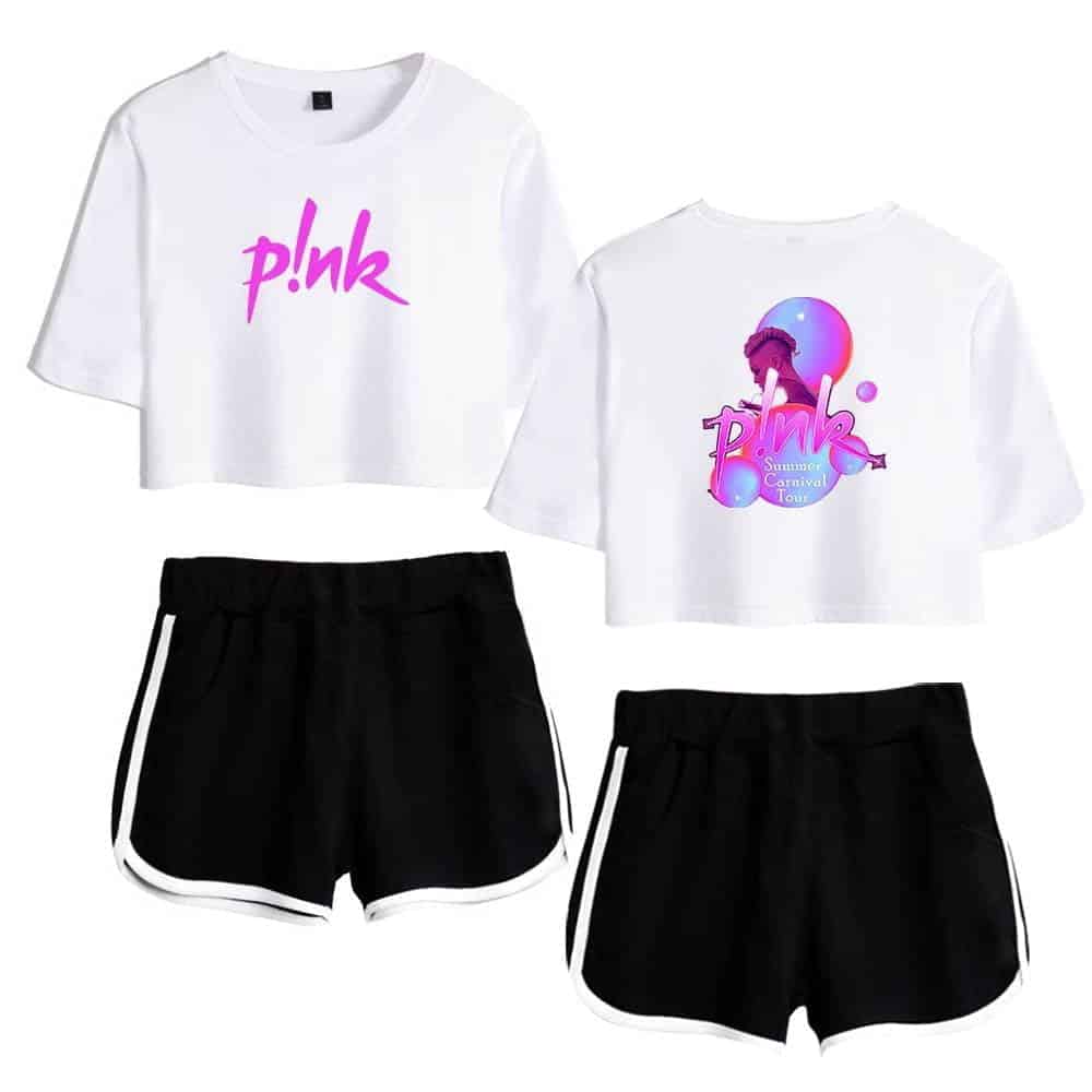 Pink summer tour cropped t-shirts with vibrant graphics and casual black shorts with white trim, inspired by Justin Bieber's swag merchandise collection. Perfect for a relaxed, stylish look.