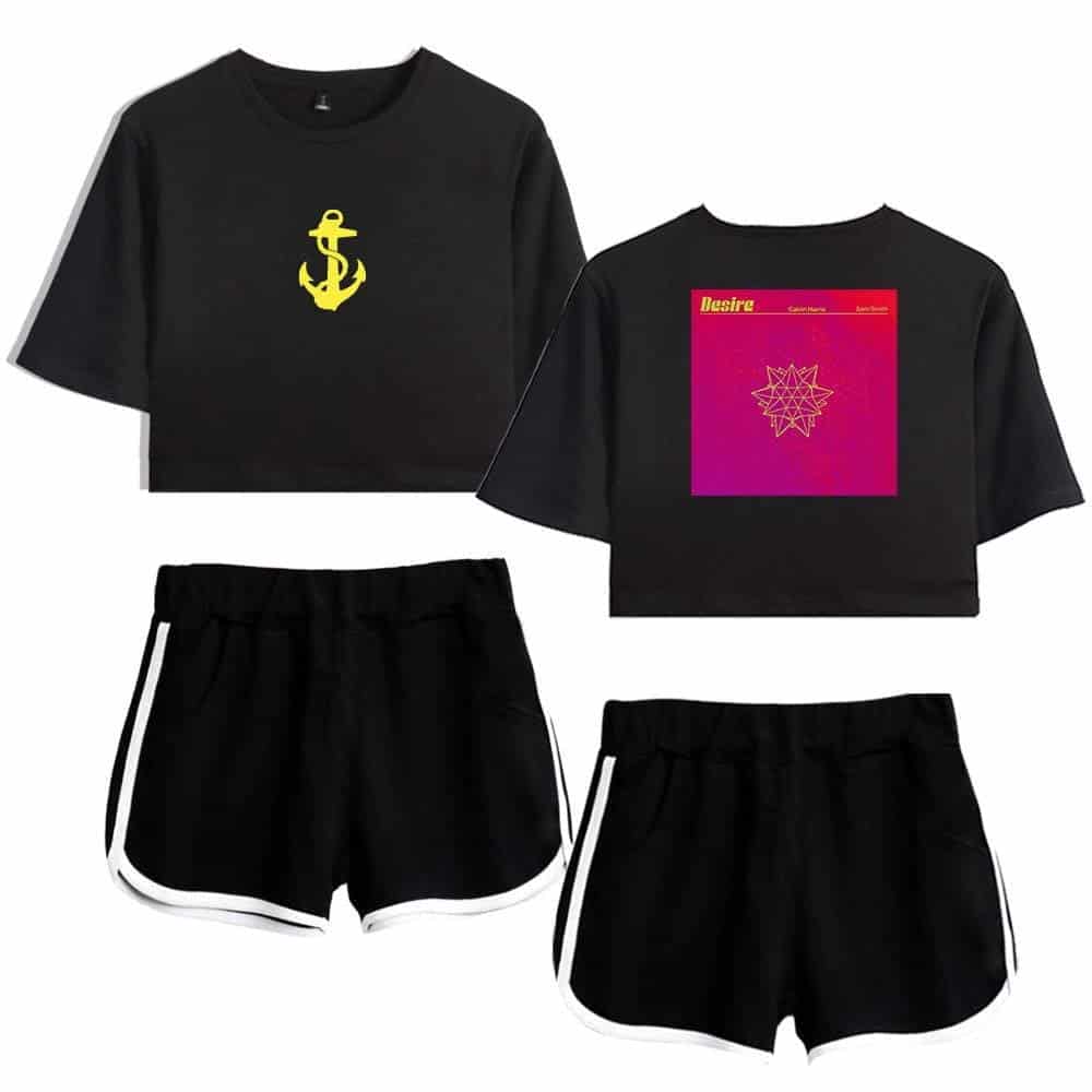 Anchor with yellow sailor knot design on black t-shirt, matching with black athletic shorts with white trim, casual streetwear style inspired by Justin Bieber swag merch collection.
