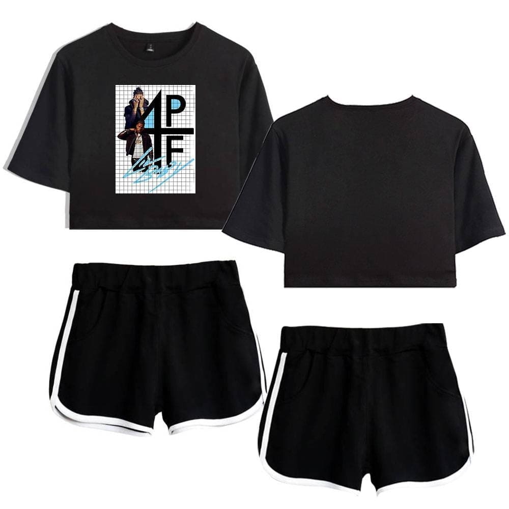 Justin bieber swag merch black crop top and shorts set Featuring graphic print and stylish design perfect for fans and casual wear.