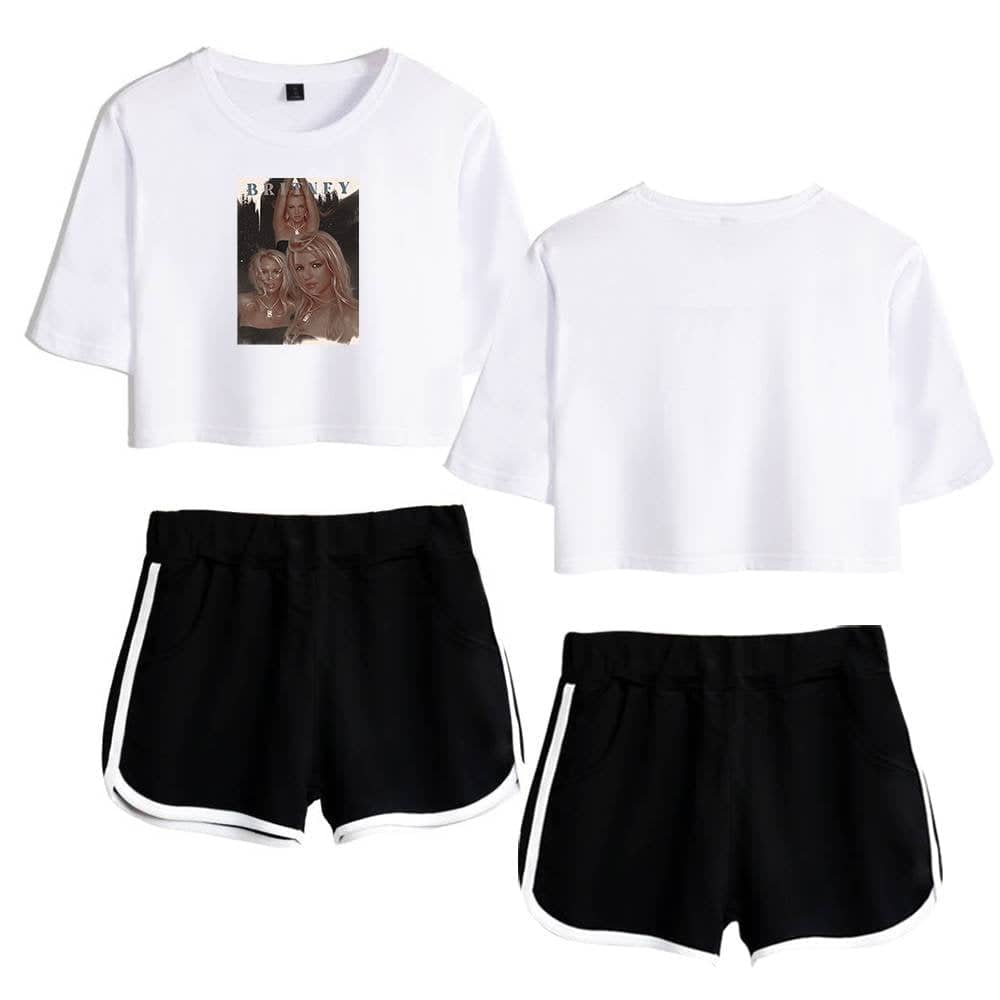 Justin Bieber swag merch white cropped T-shirts with graphic prints and black sporty shorts with white side stripes. They feature trendy streetwear styles perfect for fans.
