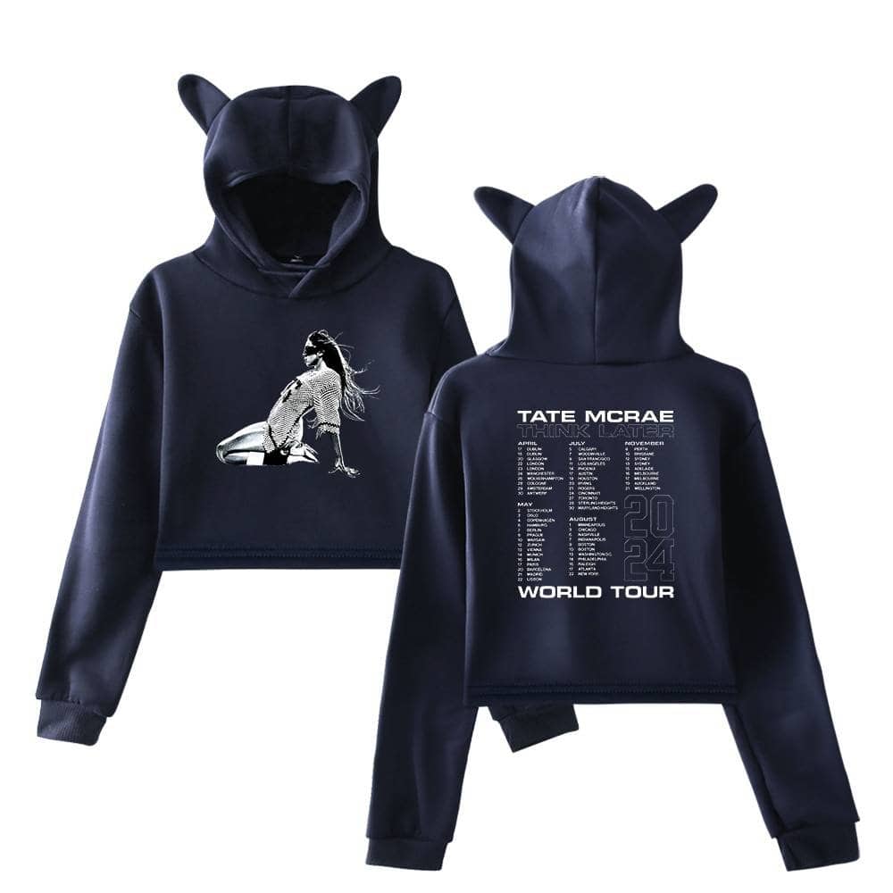 Black hoodie with cat ears and a graphic of Justin Bieber on the front, perfect for swag fans.