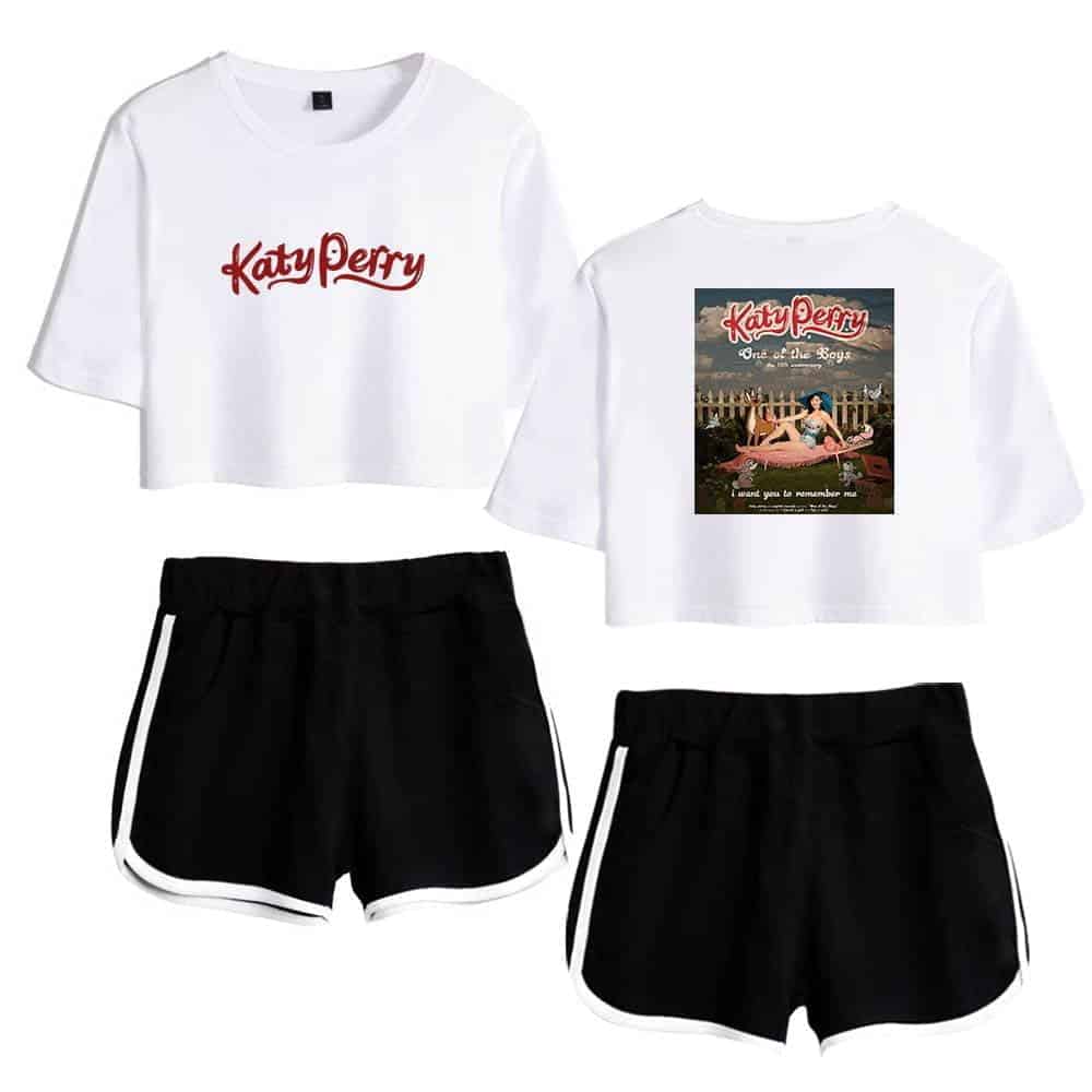 Katy Perry swag merch t-shirts and shorts set featuring vintage album artwork and bold logo designs. Perfect for fans wanting stylish, music-inspired casual wear.
