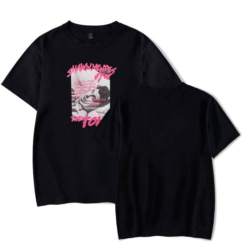 Justin Bieber swag merch black graphic t-shirts with bold pink text and images of the artist, perfect for fans to showcase their style.
