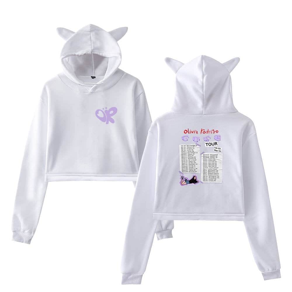 Butterfly logo hoodie with cat ears and tour schedule print, stylish and trendy Justin Bieber swag merch for fans.