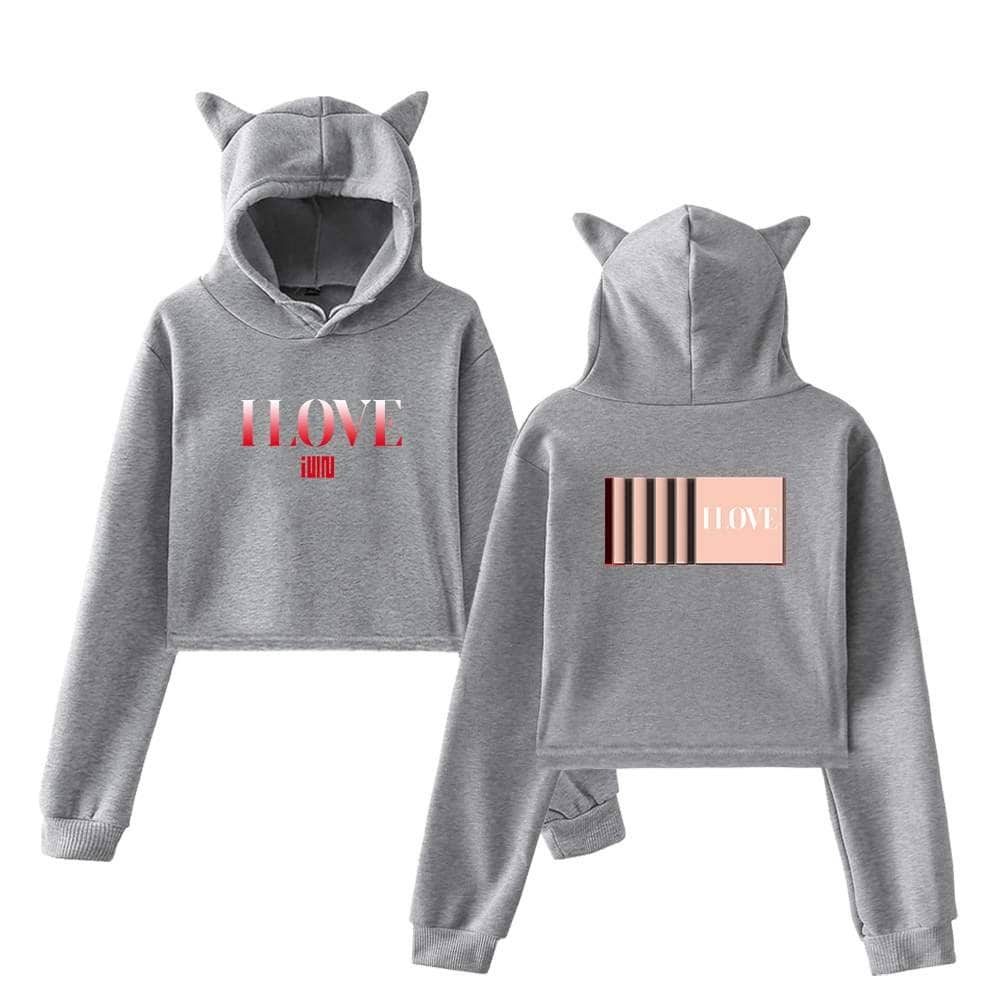 Gray hoodie and sweatpants set with cat ears, featuring "I LOVE" graphic in pink and white, perfect for Justin Bieber swag merch fans who want stylish, adorable streetwear.