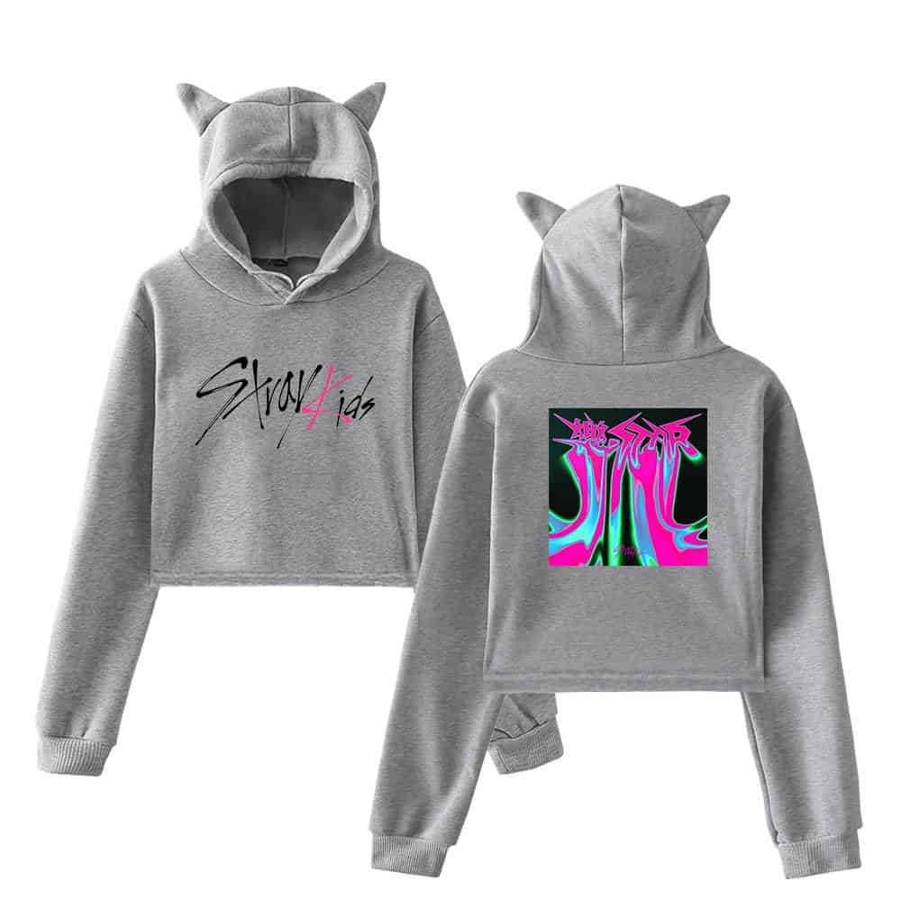 Stylish gray hoodie and matching sweatpants set for kids with trendy Justin Bieber-inspired graphics and bear-ear hood design. Perfect swag merch for young Bieber fans.