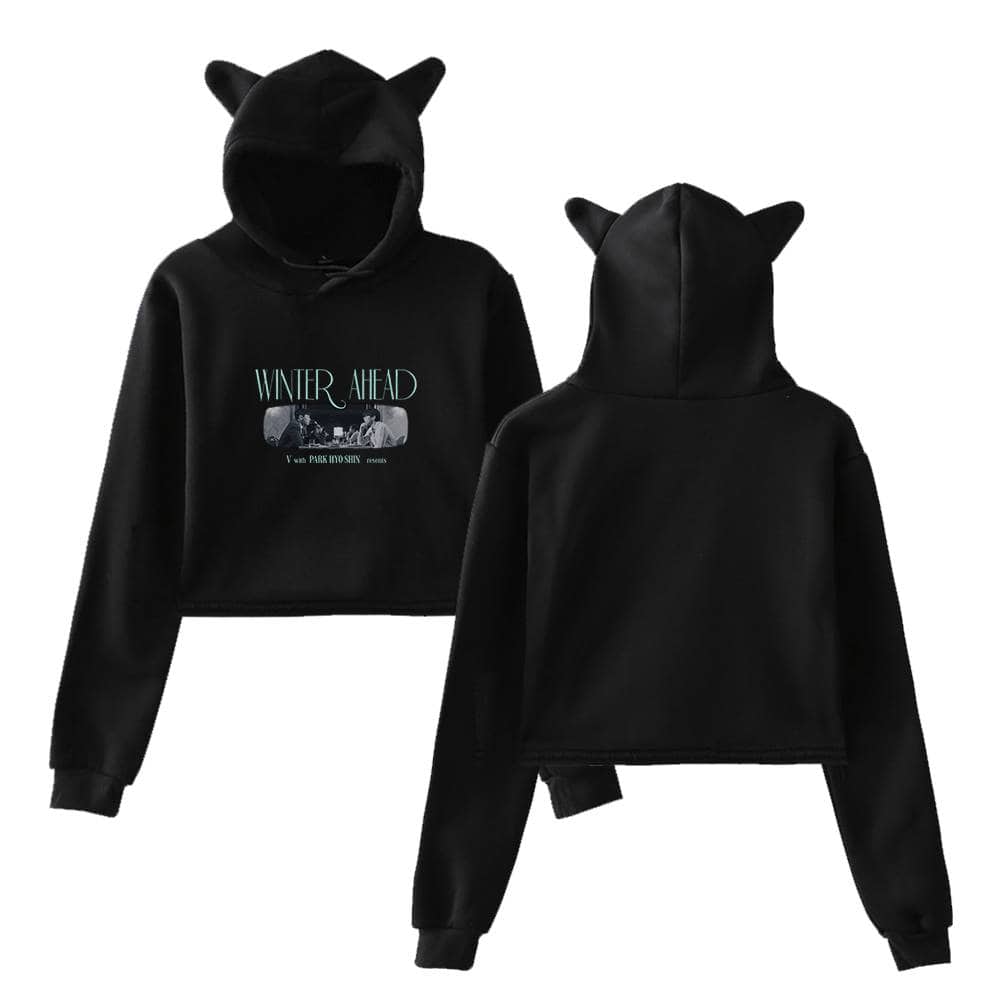 Black hoodie sweatshirt with cat ears and "Winter Ahead" graphic, inspired by Justin Bieber swag merch, perfect for casual streetwear.