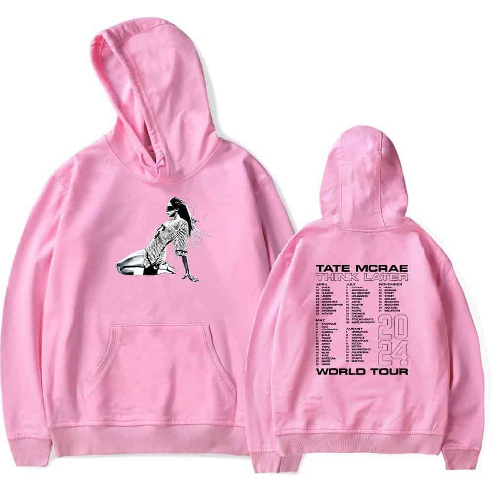 Pink hoodie featuring a black and white graphic of a woman sitting, with "Justin Bieber swag merch" printed on it. Perfect for fans wanting stylish and trendy streetwear.