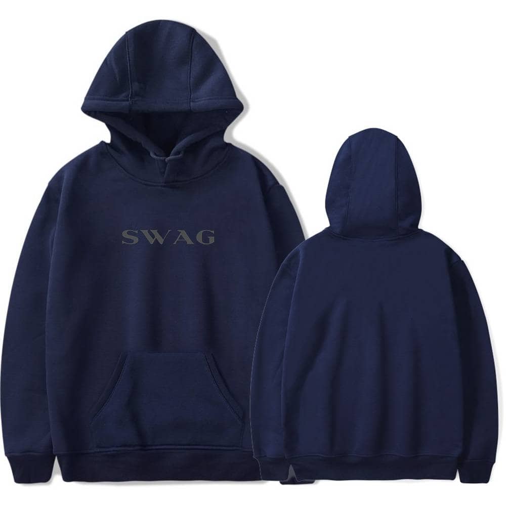 Comfy navy blue hoodie with "SWAG" printed on front, perfect for Justin Bieber fans looking for trendy swag merch.