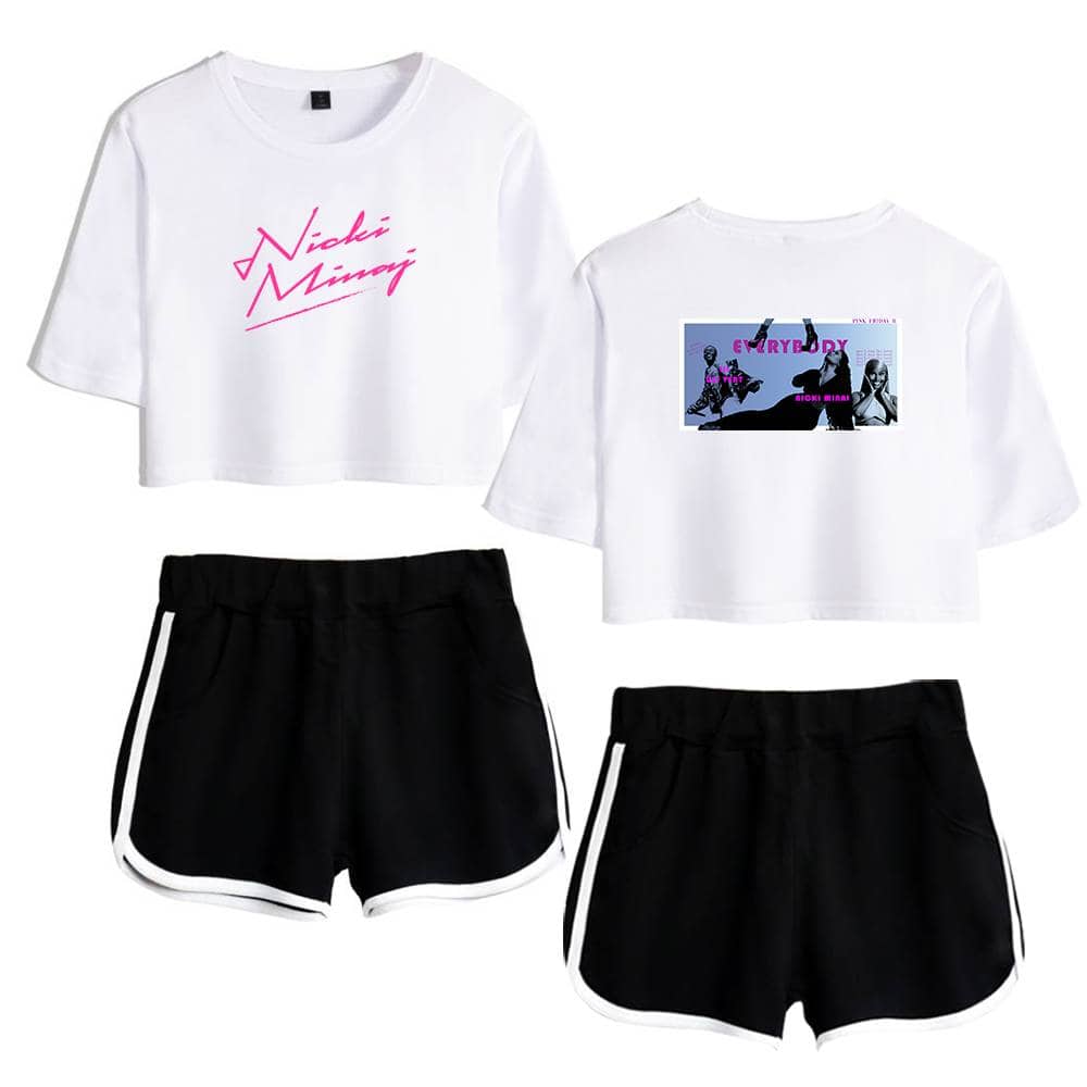 Nicki Minaj graphic crop top and black athletic shorts set with white side stripes, trendy swag merchandise inspired by Justin Bieber-themed streetwear style.