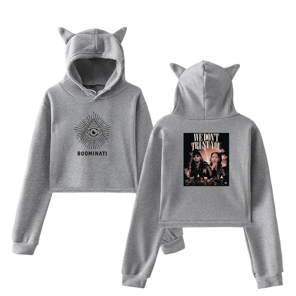 Eye with pyramid and rays on gray hoodie, "BOOMINATI" text, with cat-ear hood, trendy Justin Bieber swag merch.
