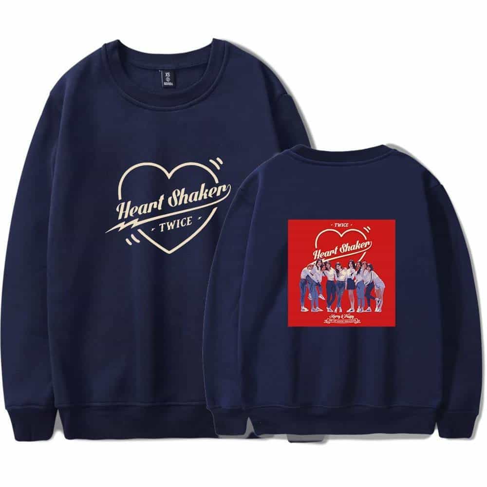 Heart Shaker TWICE sweatshirt with group photo and logo, navy blue, casual streetwear.