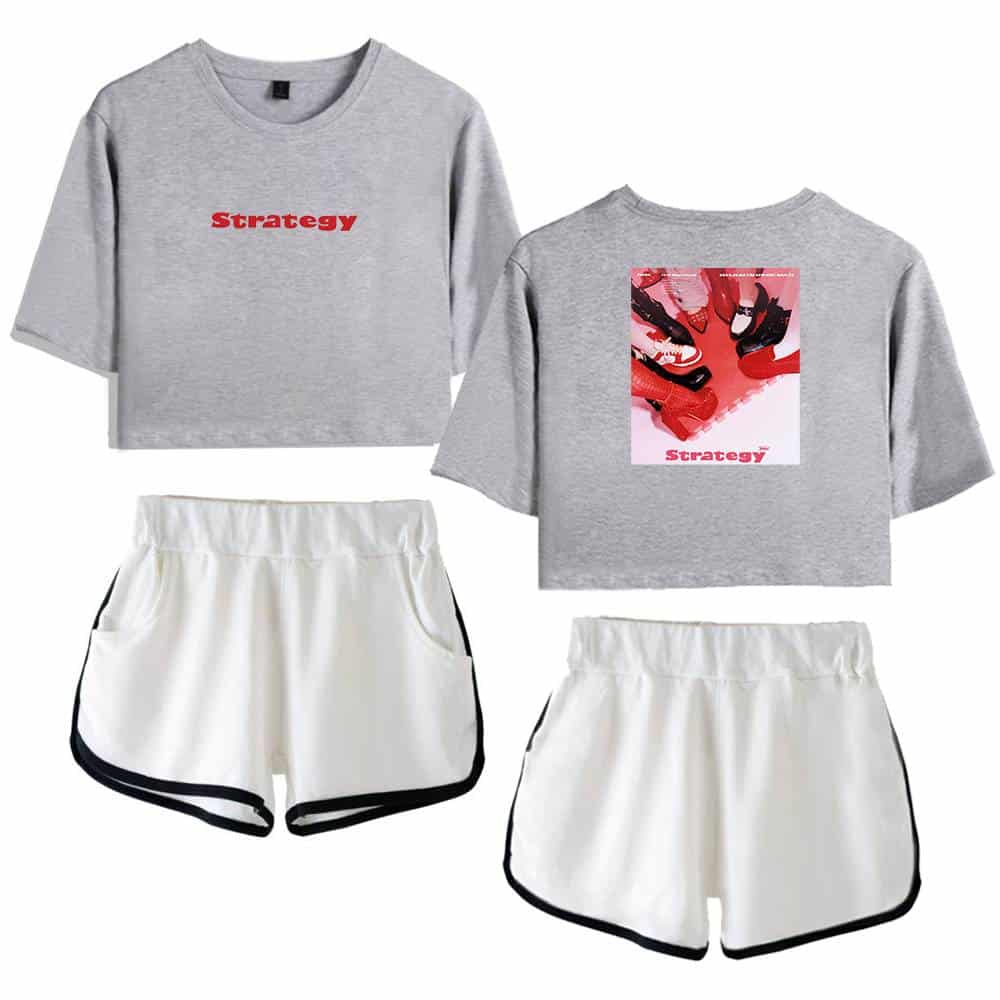 Matching grey cropped sweatshirt with red "Strategy" text and graphic print on the back, paired with white athletic shorts with black trim, inspired by Justin Bieber swag merch style.