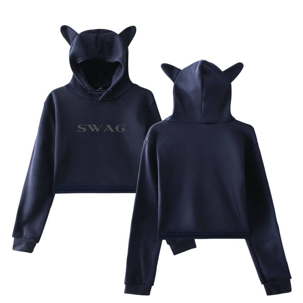Swag hoodie with cat ears, black sweatshirt, Justin Bieber swag merchandise, trendy streetwear, casual fashion hoodie.