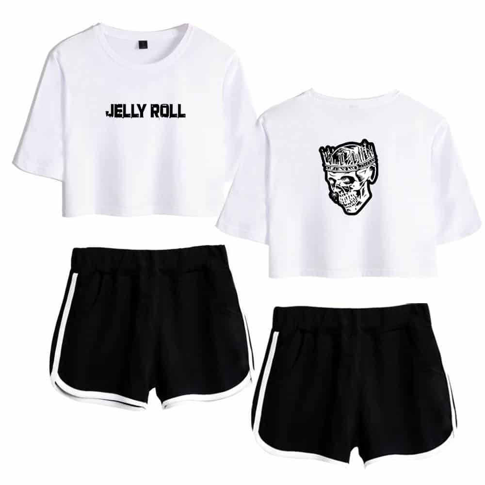 Jelly Roll crop top with black and white shorts outfit, featuring bold graphic design and streetwear style inspired by Justin Bieber swag merch.