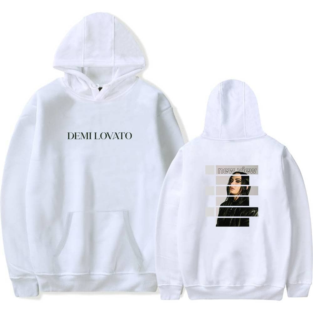 Blank white hoodie featuring Demi Lovato's name on the front and a stylized portrait design on the back, perfect for fans of celebrity swag merch.