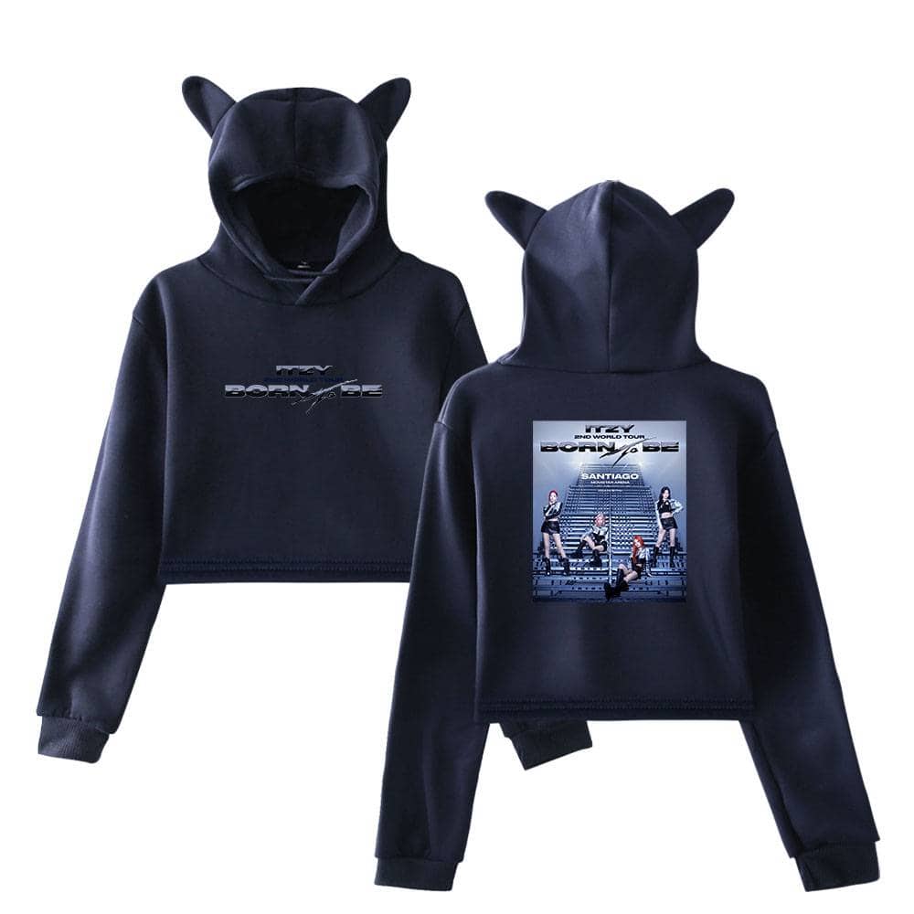 Black hoodie with cat ear hood and "BORN TO" graphic print, perfect for Justin Bieber swag merch fans.