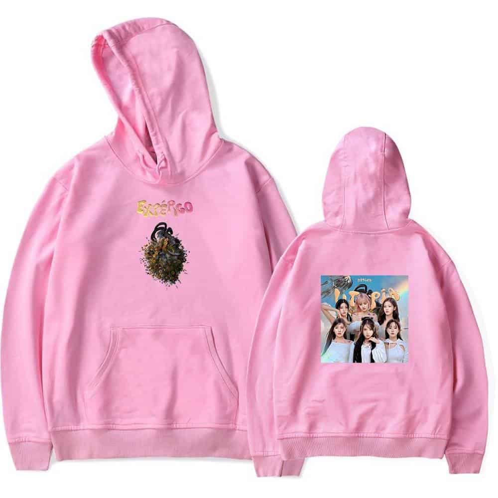 Soft pink hoodie featuring Justin Bieber swag merchandise with colorful graphics and a group photo on the back, perfect for fans and streetwear style.