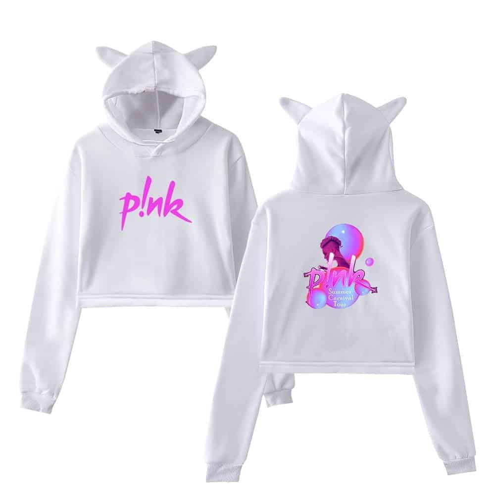 P!nk swag hoodie with playful graphic design and "Pink" logo, perfect for fans of the singer's bold and vibrant style.