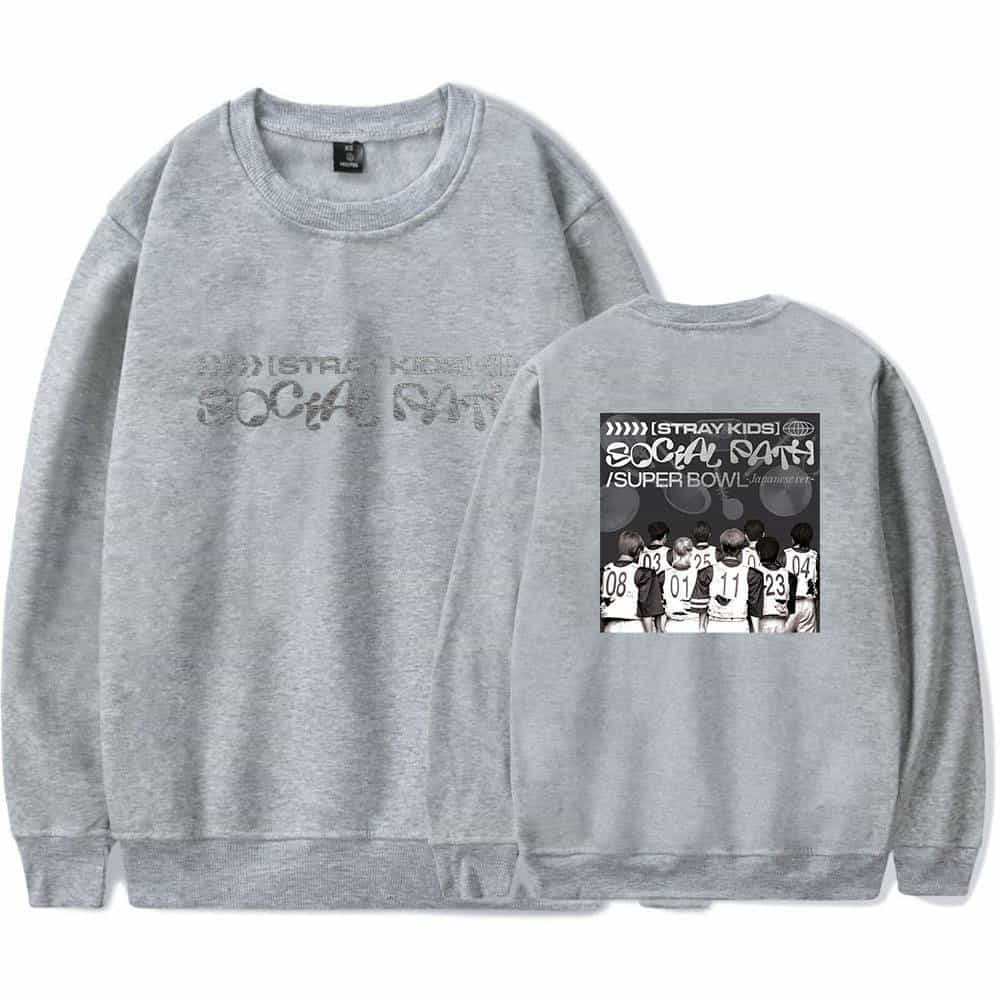 Gray Justin Bieber swag sweatshirt with "SOCIAL SAN" and "SUPER BOWL" graphic design featuring kids' team jerseys. Perfect for fans of Justin Bieber merchandise and streetwear style.