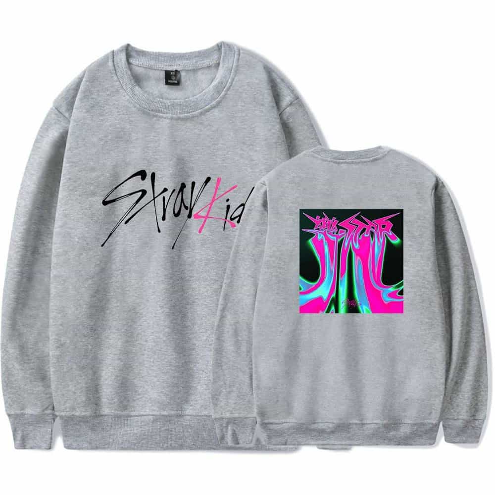 Stay Kid Grey Sweatshirt with Justin Bieber swag graphic and vibrant graffiti-style back design, perfect for fans expressing their love for Justin Bieber merchandise and streetwear style.