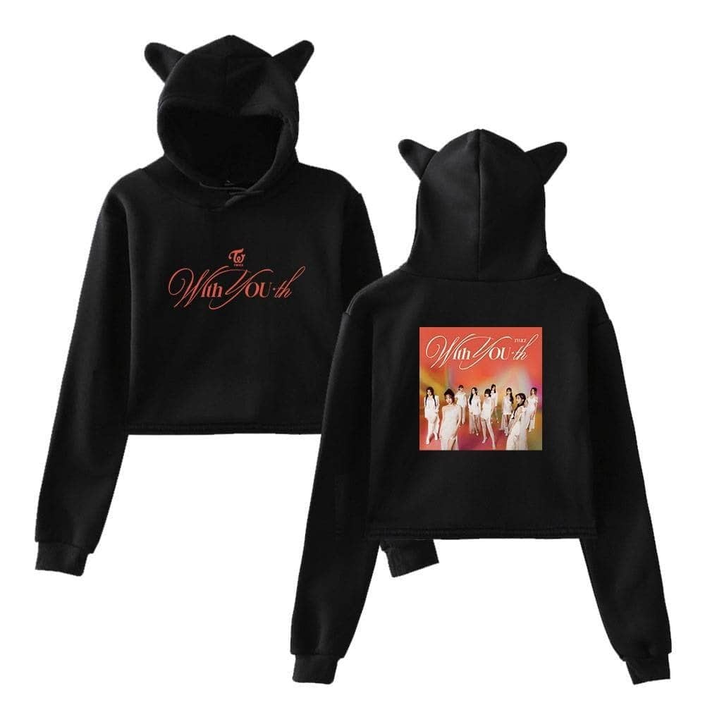 Black hoodie with "WithU th" text and a graphic of a girl group, featuring cat ear details on the hood, inspired by Justin Bieber swag merch style, perfect for fans of trendy streetwear.