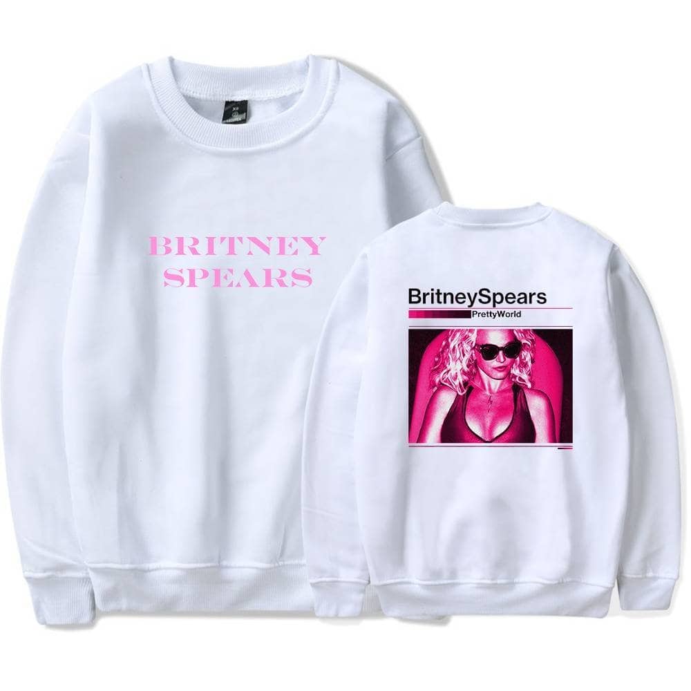 Britney Spears swag hoodie, white sweatshirt with pink print and photo graphic, trendy pop star merchandise, stylish celebrity-themed apparel, fashionable and comfortable streetwear.