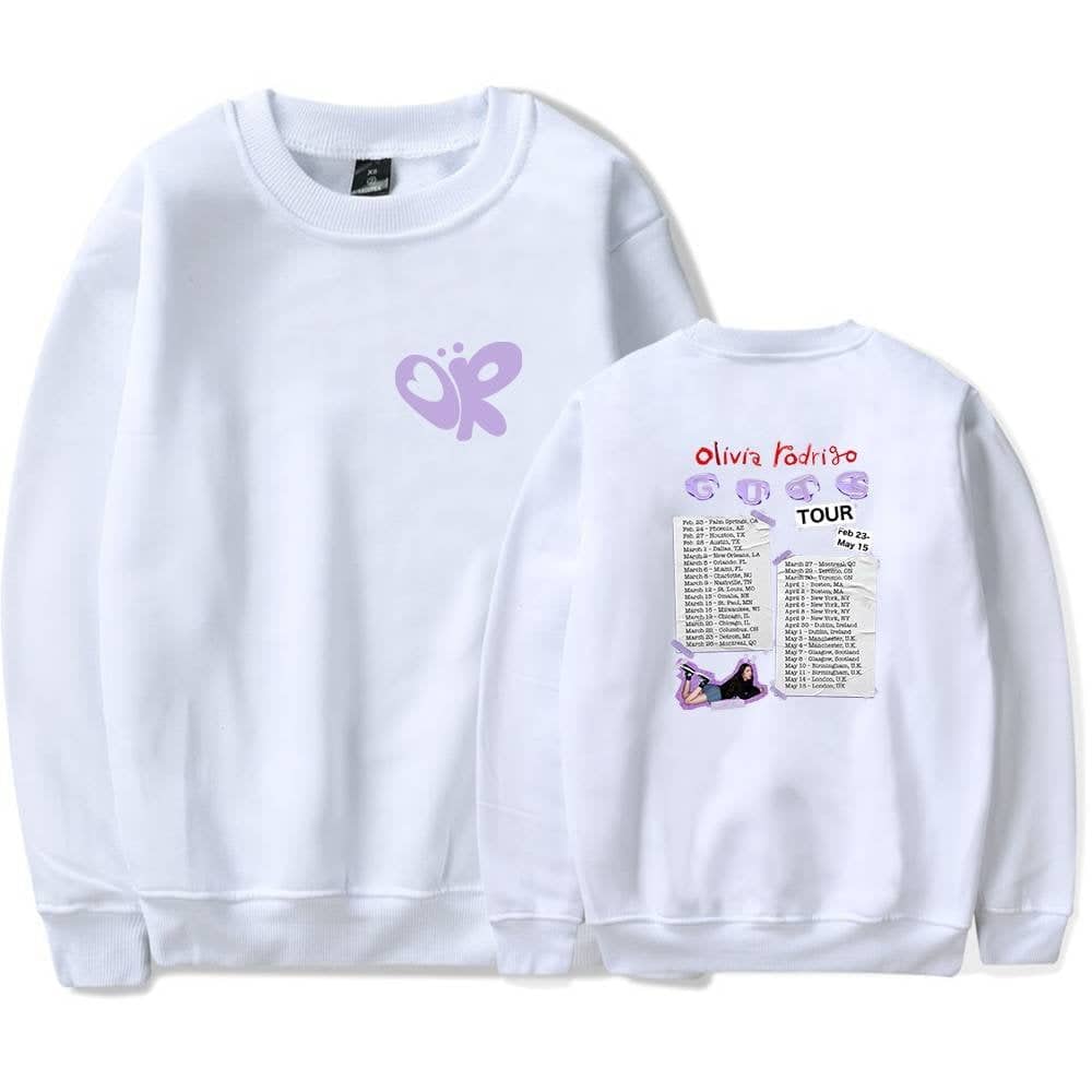 Butterfly logo sweatshirt with customized tour schedule design and Olivia Rodrigo-themed graphics.