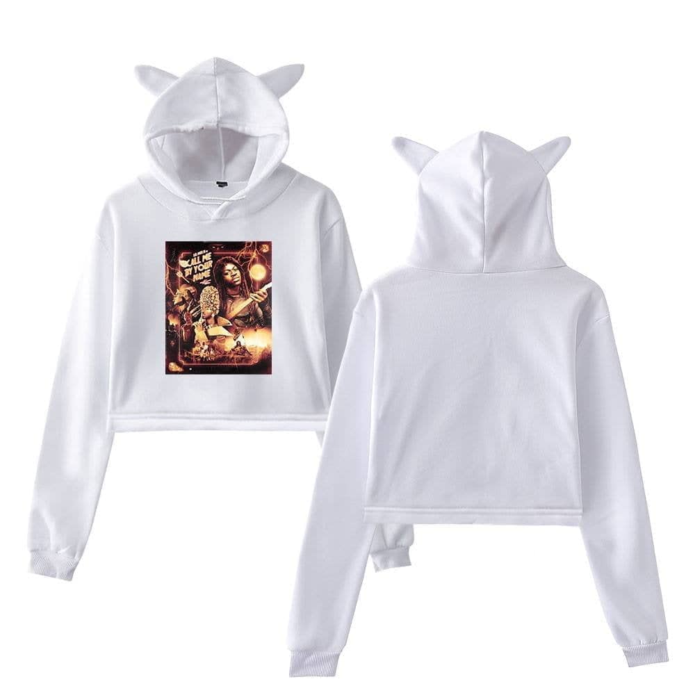 White hoodie and sweatpants set with cute animal ears on the hood, featuring Justin Bieber swag merch with a vibrant graphic print. Perfect for fans who want stylish, comfortable, and trendy apparel.
