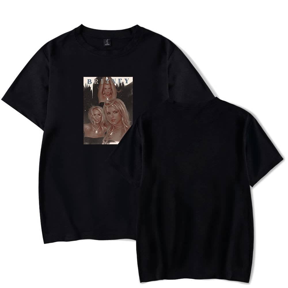 BLACK T-SHIRT FEATURING JUSTIN BIEBER SWAG MERCH WITH BRITNEY AND FRIENDS GRAPHIC DESIGN.