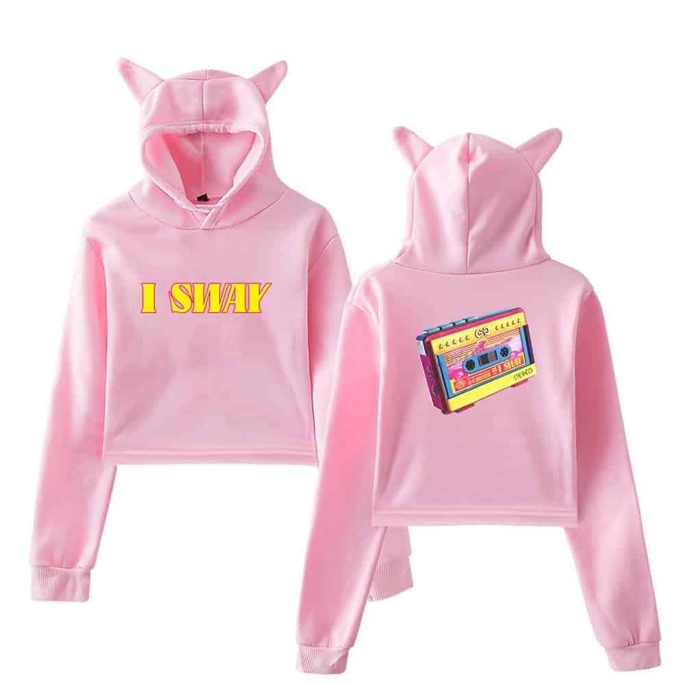 Pink hoodie and sweatpants set inspired by Justin Bieber, featuring "I SWAY" text and retro cassette design, perfect for fans of stylish swag merch.