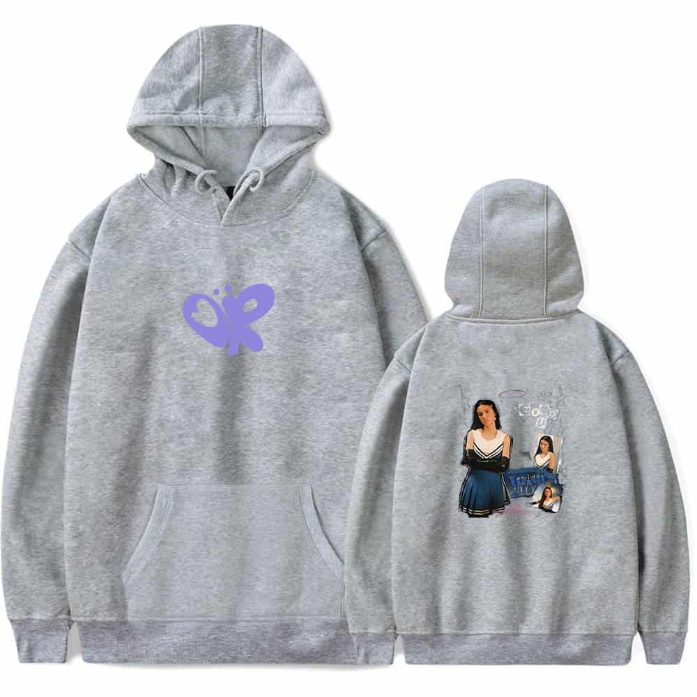 Butterfly logo hoodie with Justin Bieber artwork on the back, gray sweatshirt, trendy swag music merchandise, casual streetwear style, fans fashion statement, celebrity-inspired apparel, hoodie for fans, stylish Bieber merch, comfortable and fashionable, pop star merchandise, musical artist hoodie, modern casual wear, trending swag clothing, exclusive Bieber fan gear.