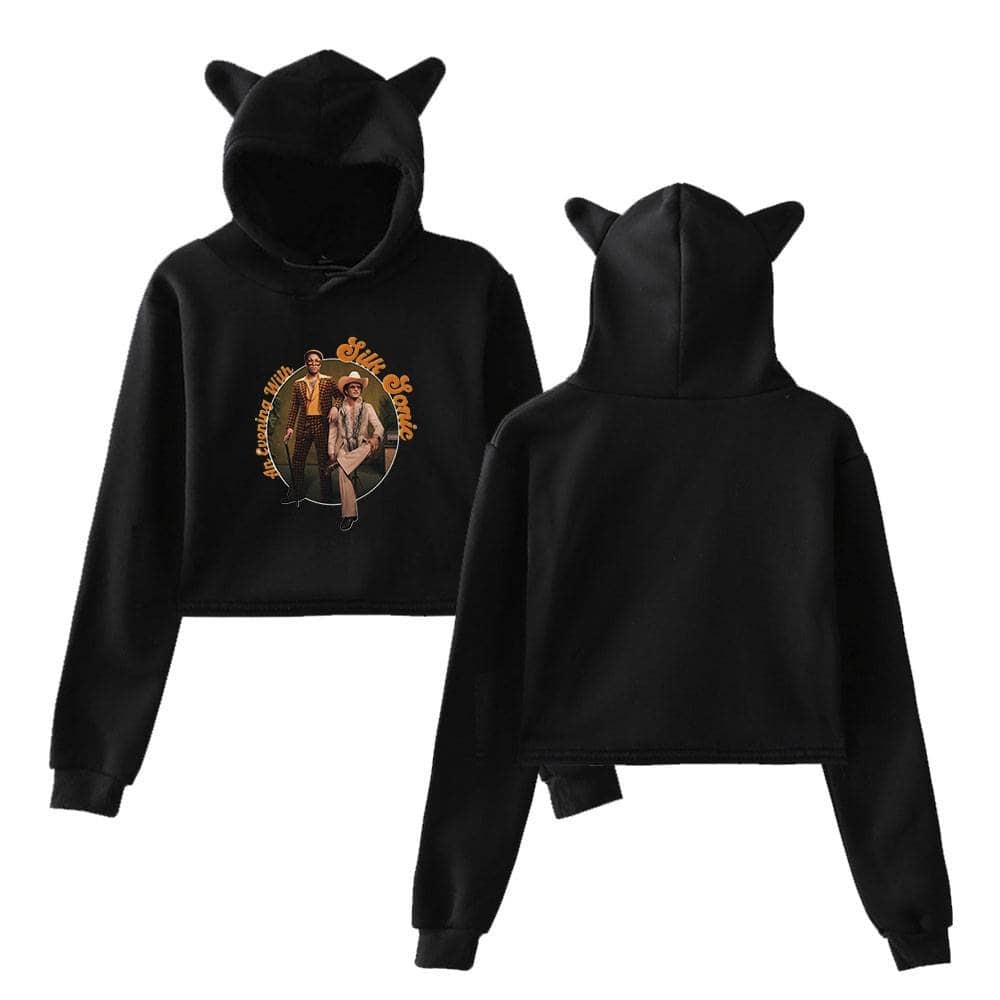 Justin Bieber swag merch black hoodie with cat ears and graphic print.