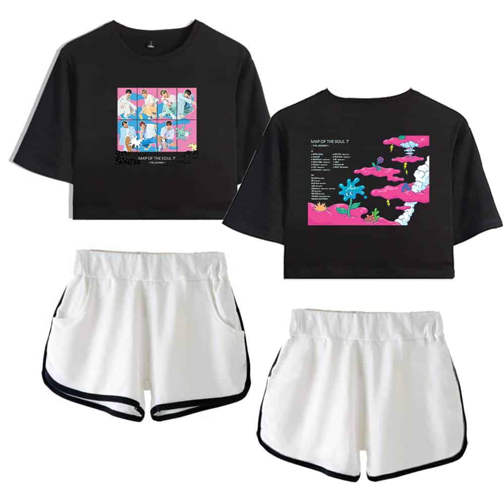 Black crop top featuring Justin Bieber swag merch with colorful graphics and text, paired with stylish white shorts with black trim. Perfect casual streetwear for Justin Bieber fans.