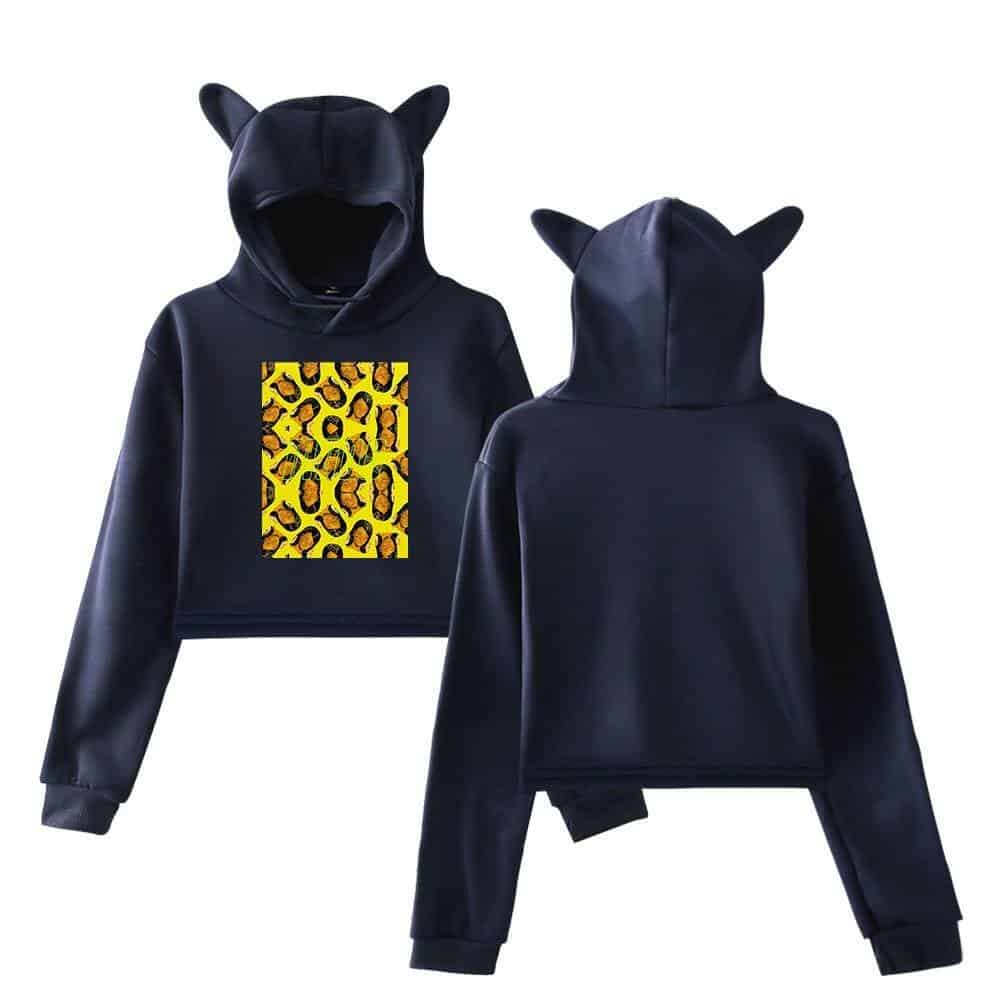 Leopard print Justin Bieber swag hoodie with bear ears, black sweatshirt, trendy streetwear for fans of the pop icon, stylish and comfortable merchandise for teens and young adults.