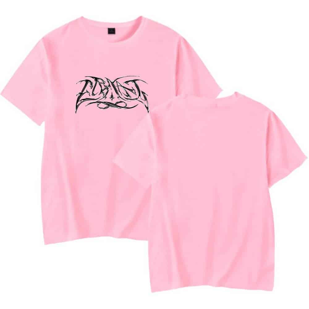 Justin Bieber swag merch pink t-shirt with bold graffiti-style logo on front. Perfect for fans wanting to showcase their love for Justin Bieber's fashion. Trendy streetwear look.