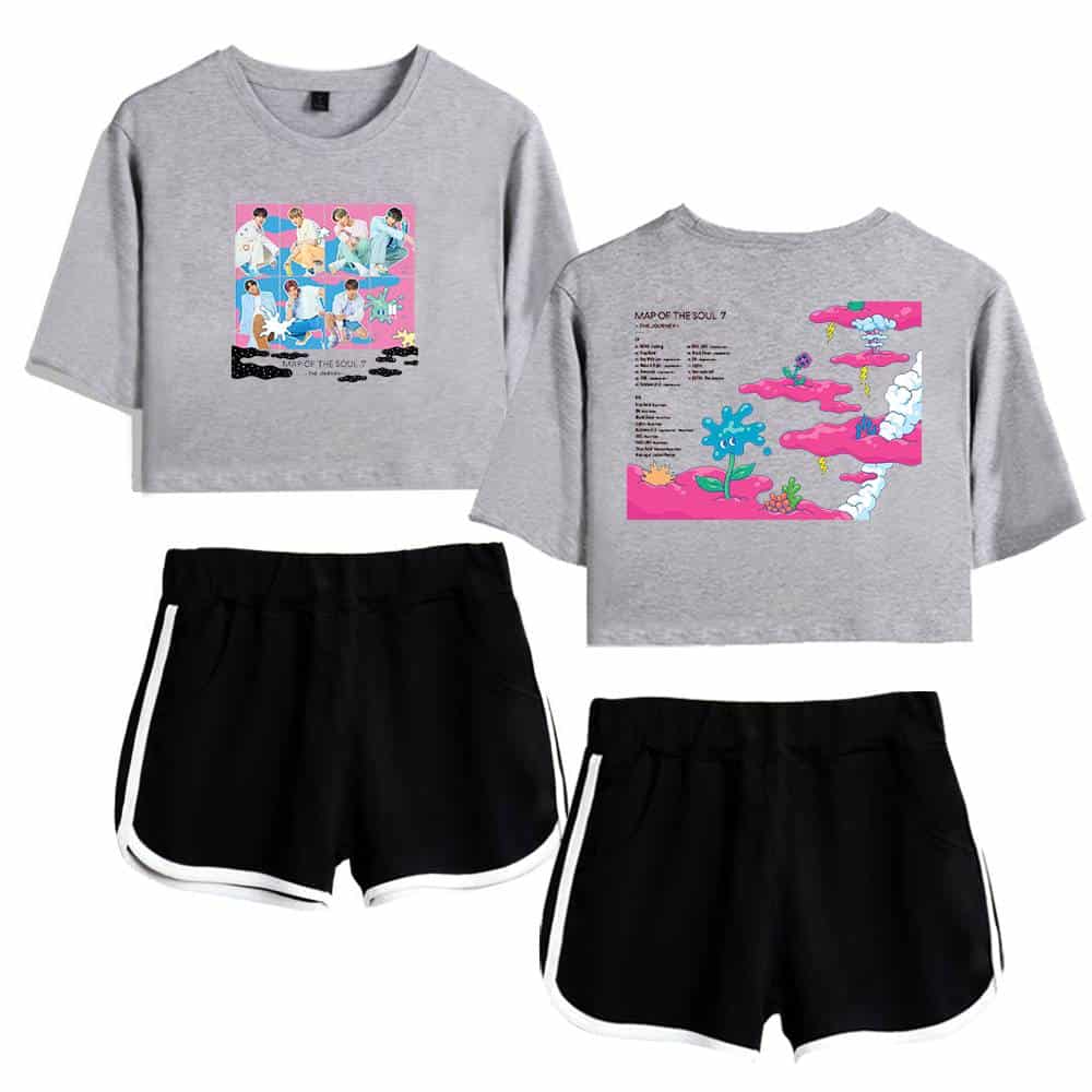 Justin Bieber swag merch graphic crop top and matching shorts set.