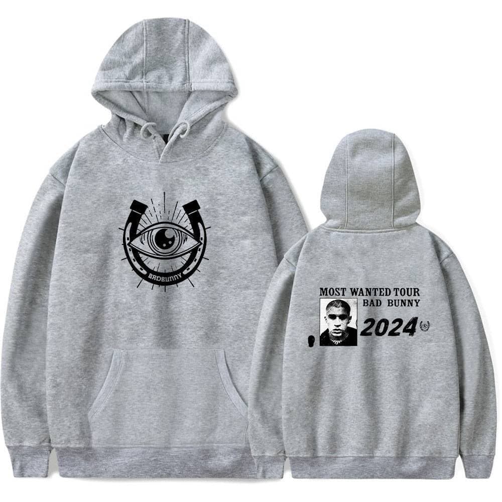 Eye-catching gray hoodie featuring a bold eyeball and horseshoe design with "Bad Bunny" branding, perfect for Justin Bieber swag merch fans.