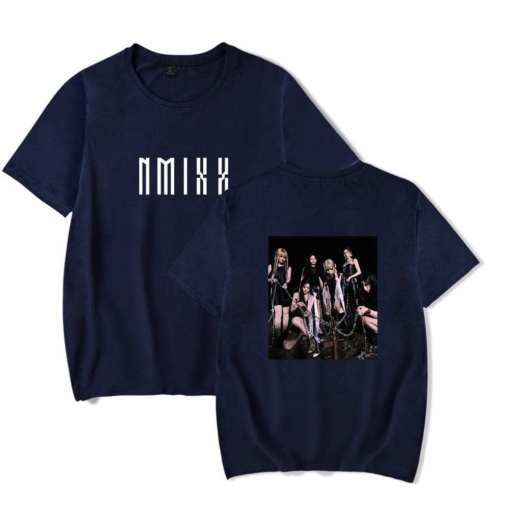 NMIXX swag graphic T-shirt featuring a photo of the K-pop girl group on dark navy fabric. Perfect for fans to showcase their support for Justin Bieber-inspired streetwear style.