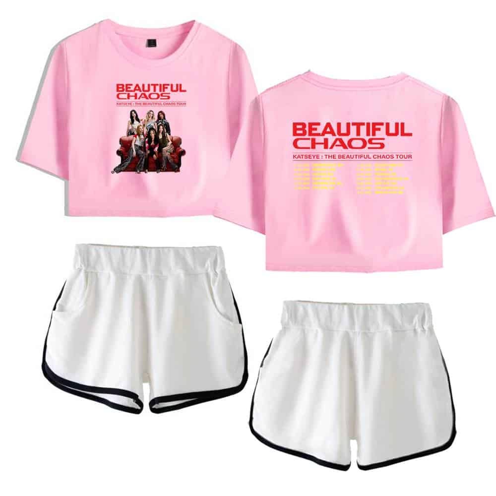 Beautiful chaos tour pink graphic crop top and white athletic shorts, Justin Bieber swag merchandise, stylish and trendy music concert apparel for fans.