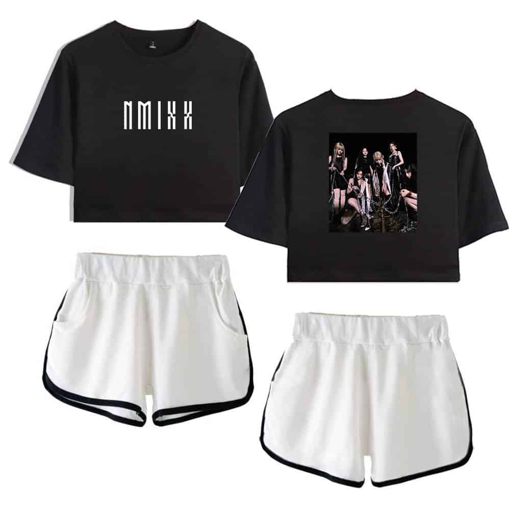 Black oversized crop top with "NMIX" print and another black crop top featuring a group photo of the K-pop girl group NMIXX, paired with white athletic shorts with black trim.