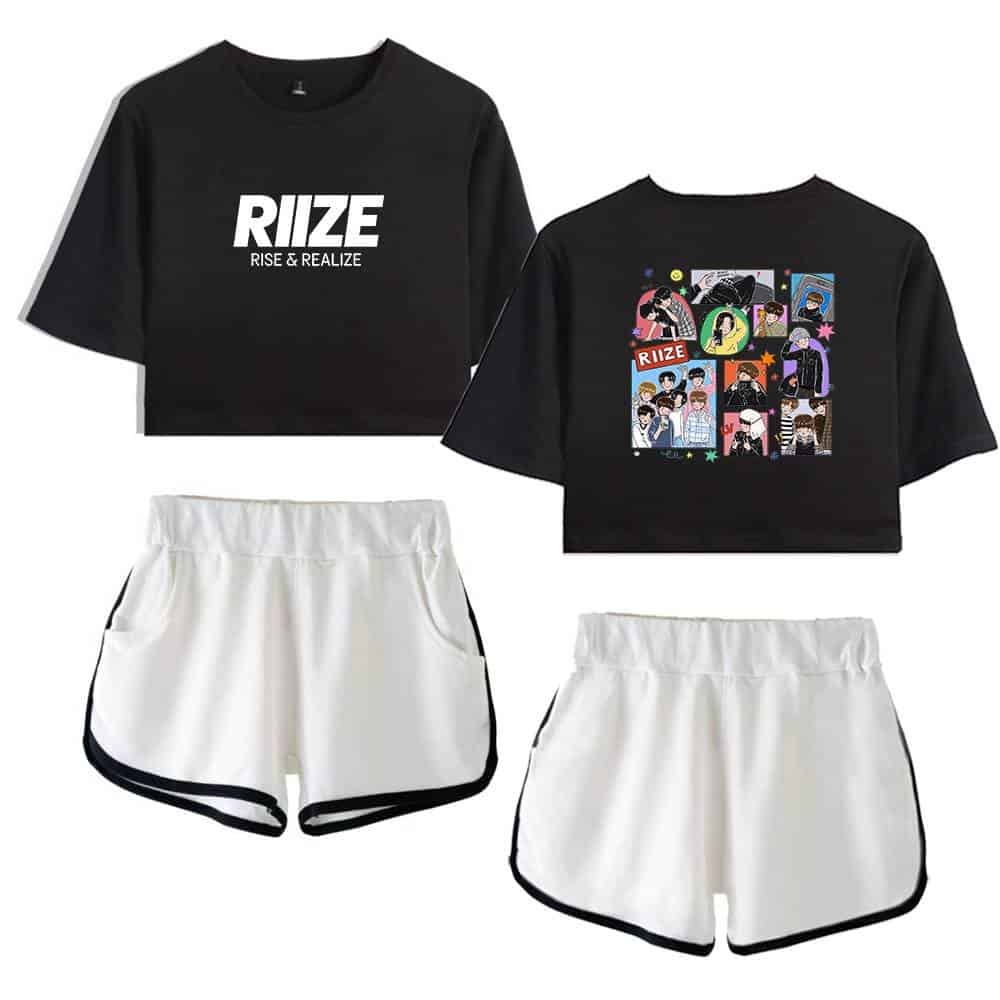 RUEZE black crop top with white bold logo and "RISE & REALIZE" text, paired with white athletic shorts with black trim. The back features colorful illustrations of cartoon characters and RUEZE branding, capturing a trendy, youthful style.