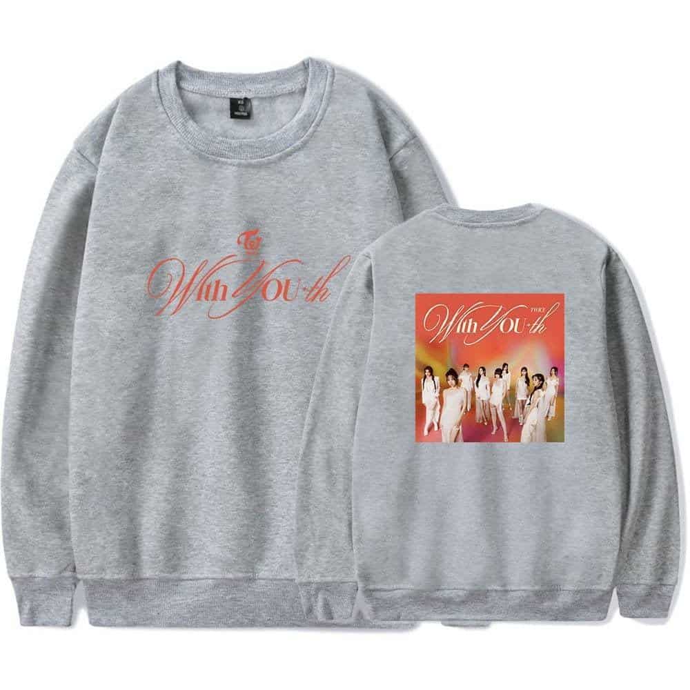 Soft gray sweatshirt featuring Justin Bieber swag merch with "To Win Youth" printed on the front and a vibrant group photo on the back, perfect for fans of Justin Bieber.