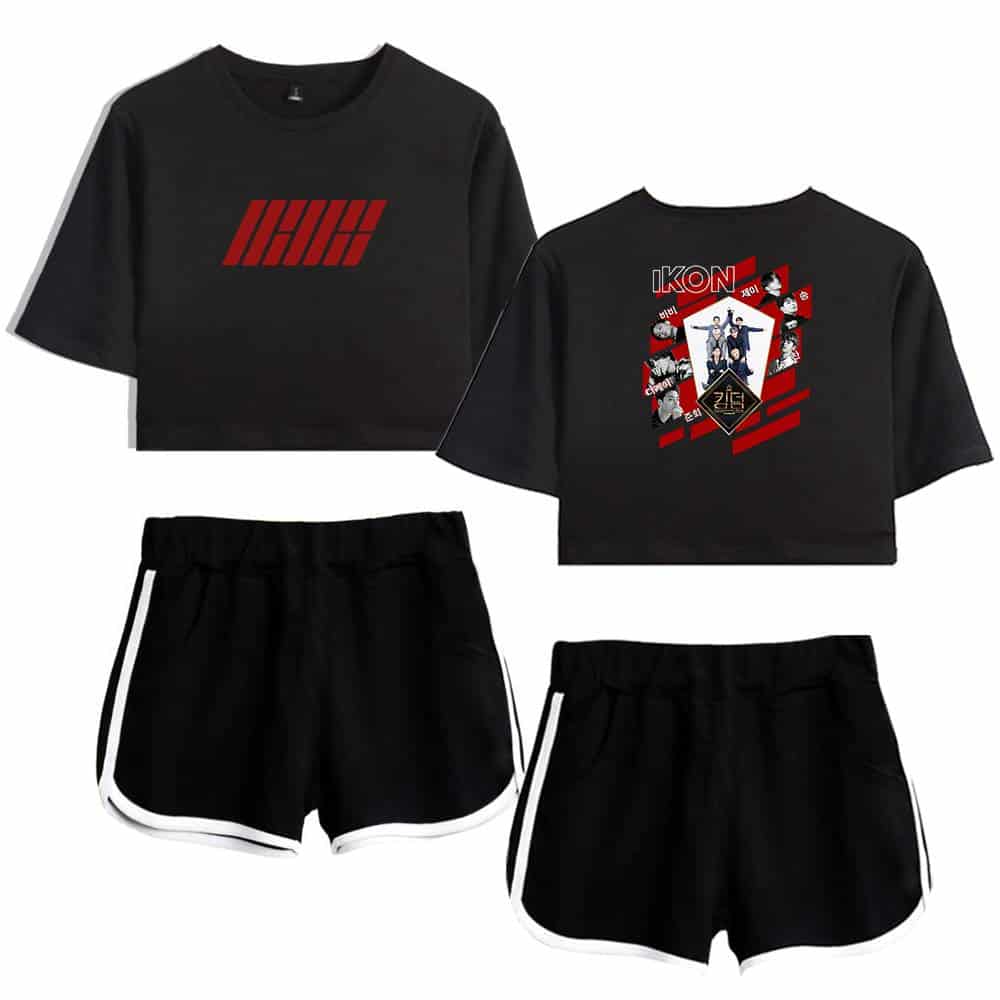 Black and red Justin Bieber swag graphic t-shirts and trendy black athletic shorts with white trim, perfect for fans who love stylish and comfortable Bieber-inspired merchandise.