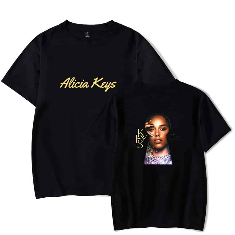 Alicia Keys swag merchandise t-shirts featuring her name and portrait, designed for fans of celebrity-inspired streetwear and music apparel. Perfect for showcasing musical admiration and trendy fashion.