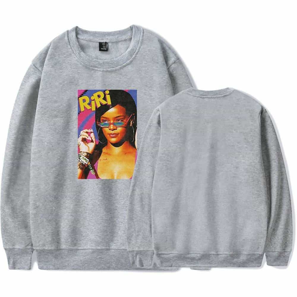 RiRi graphic sweatshirt featuring a vibrant photo of the singer RiRi with colorful text. Perfect for Justin Bieber fans wanting swag merchandise inspired by popular artists.