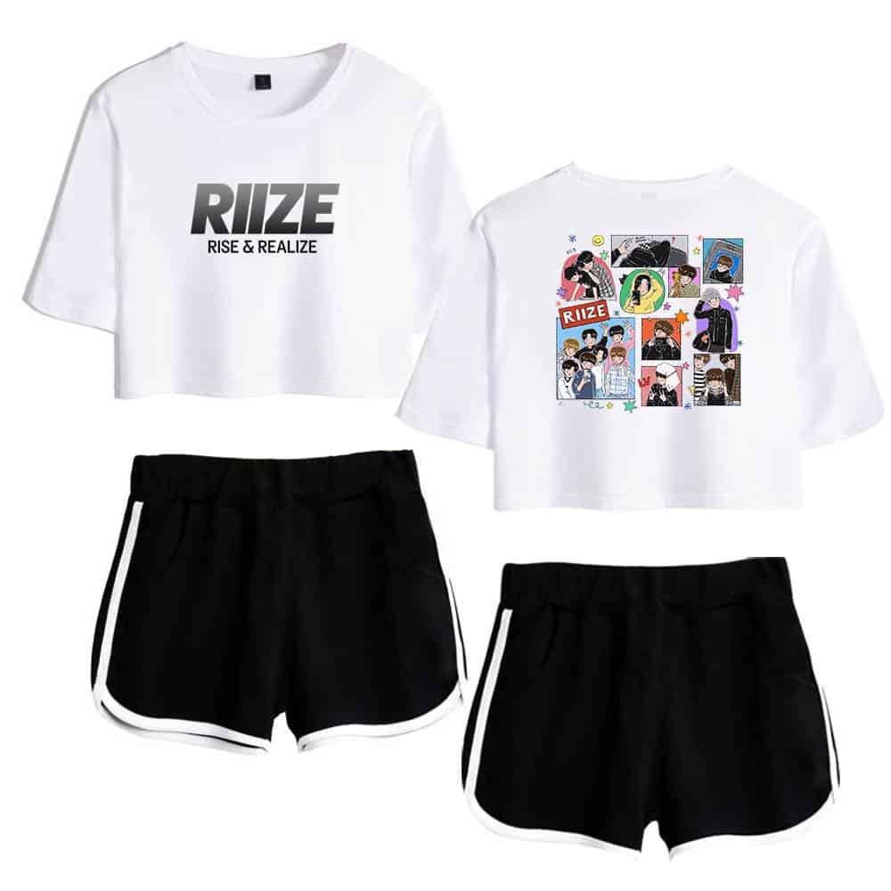 RIZE sweatshirt with "RISE & REALIZE" text, and a graphic crop top featuring cartoon-style illustrations of Justin Bieber and his fans, paired with black athletic shorts with white trim.